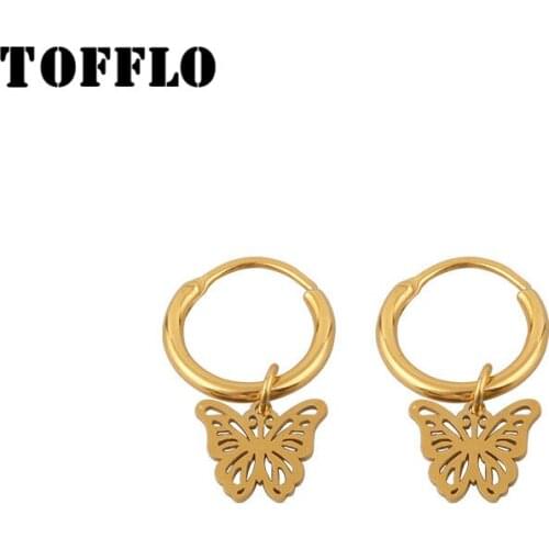 TOFFLO Stainless Steel Jewelry Exquisite Hollow Butterfly Drop Earrings Circle Closed Butterfly Pendant Earrings BSF301