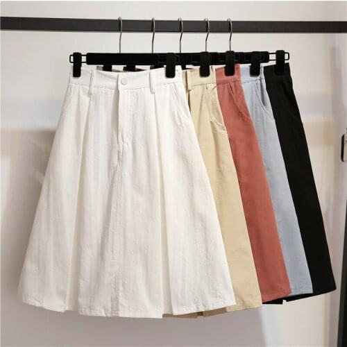 100% Cotton Midi Summer Skirt Women 2020 Fashion Korean Pocket A-line Sun School Black White High Waist Skirt Female