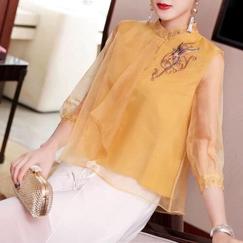 2021 Spring Summer Women Embroidery Yellow 3/4 Sleeve Cheongsam Blouse Top , Woman Casual Chinese Style Blouses