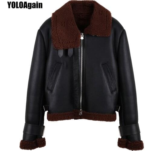 YOLOAgain winter warm ladies fur lining motorcycle shearling jacket women genuine leather jacket