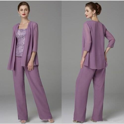 2020 Lavender Mother of the Bride Dresses Pants Suits With Jacket Lace Chiffon Pantsuits Three Pieces Mother of Bride Dress