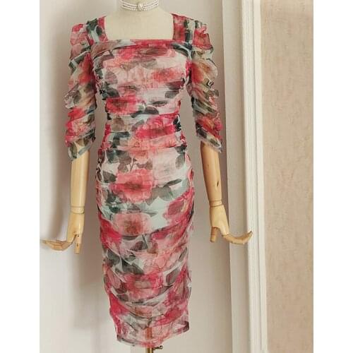 2021 Designer Fashion Summer Sexy Dress Women Square Collar Three Quarte Flower Printed Elegant Pump Skirt