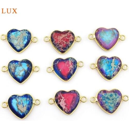 2pcs Natural Colours Exquisite Stone Heart Shaped Pendants Two Hole Gold Connector Charm Woman Jewelry Making Necklace Bracelet