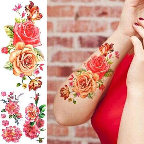 3D Peony Flower Temporary Tattoos For Women Girl Fake Watercolour Carnations Orchid Rose Tattoo Sticker Arm Tatoos Transferable