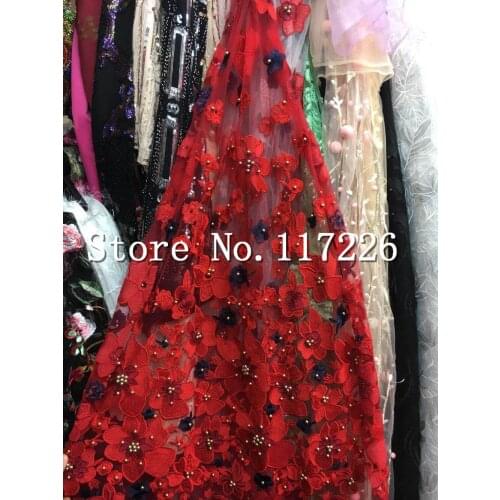 Pretty beaded african french net fabric for bridal dress top sale sequins embroidery lace mesh for fashion dress in red color