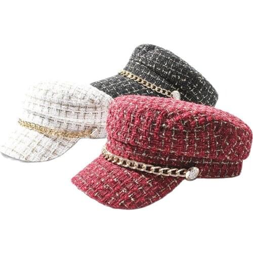 Acrylic Military Hat Autumn Sailor Hat for Women Flat Top Female Travel Cadet Hat Captain Cap Berets 02