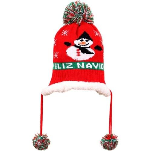Kids Winter Plush Lining Knitted Beanie Hat Christmas Santa Snowman Jacquard Cute Long Pompom Warm Earflap Hood Cap H9ED