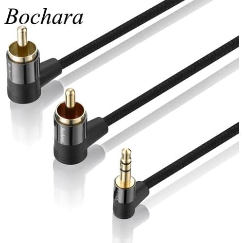 Bochara 30cm Fabric Braided 90degree 3.5mm jack to 2RCA Audio Cable Wrapped Shielded For Speakers Amplifier Mixer