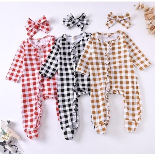 0-6M Baby Girls Plaid Clothes Soft Long Sleeve Bodysuits Headband 2Pcs Spring Autumn Clothing Outfits