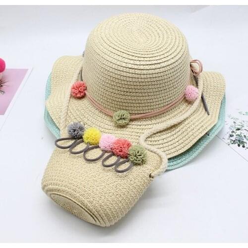 Seioum Girl kids Cute casual straw hat +handbag sets Child baby Outdoor travel holiday beach floppy hat bags set sun cap panama