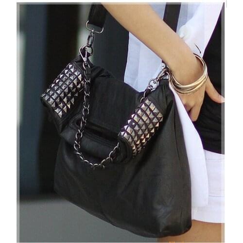 Hot Fashion Womens Korean Faux Leather Rivet Chain Foldable Shoulder Handbag Cross body Bag