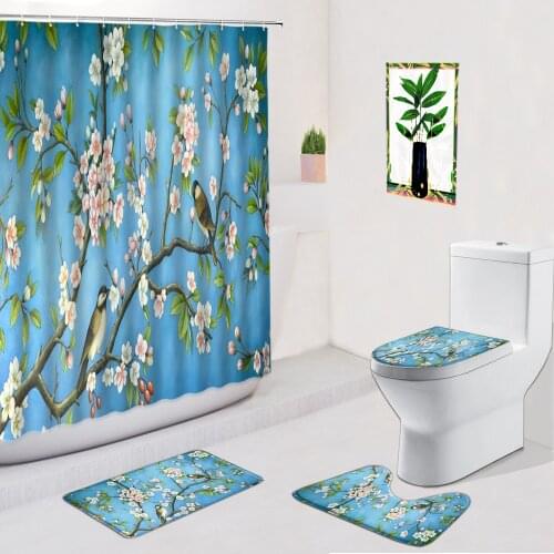 Chinese Style Flower Bird Bathroom Set Shower Curtain Non-Slip Floor Mats Bath Carpet Toilet Seat Cover Bath Decor Curtains