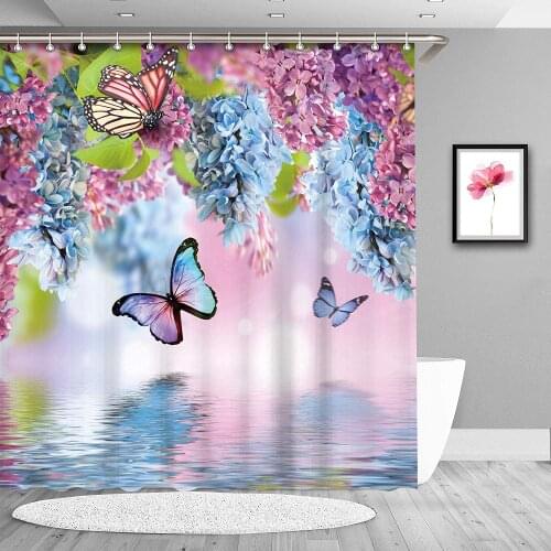 Floral and Green Leaves Shower Curtain Set with Hooks Decorative Artistic Butterflies Bathroom Beautiful Waterproof Fabric Decor