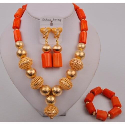 Orange Amazing African Beads Jewelry Sets Coral Necklace Set Wedding Nigerian Bridal 3 Pics Sets Free Shipping 2021 Gold