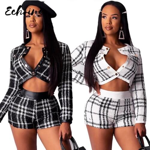 Autumn Spring Pleated Print Womens set Fashion Long Sleeve Button Blazers Shorts Suit 2 Two Pieces Set Elegant Tracksuit Outfit