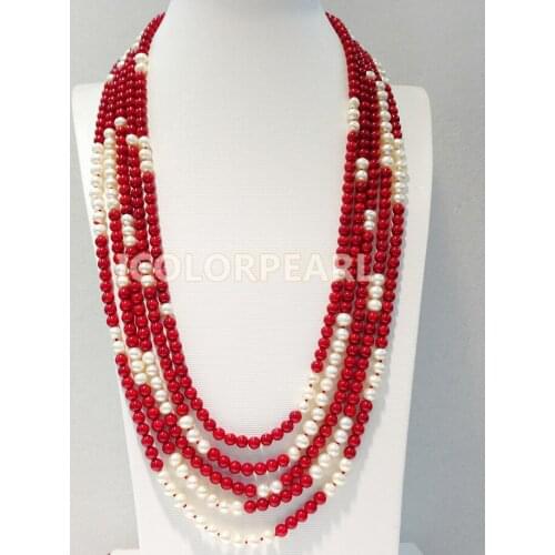 WEICOLOR Five-Strand 65-80CM / Shiny 6-7MM Nearround White Freshwater Pearl And 6MM Round Man-made Red Coral Sweater Necklace