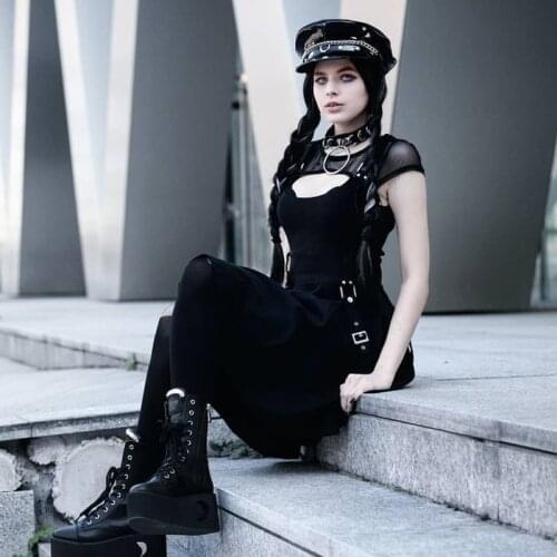 JIEZuoFang Women Black Goth Dress Harajuku Gothic Girl Sexy Hollow Mini Dresses Dark Grunge Streetwear Womens Clothes Dropship