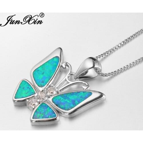 Rainbow Blue/White Fire Opal Butterfly Pendant Silver Color Wedding Necklace For Women Cute Animal Jewelry Bridal Best Gift