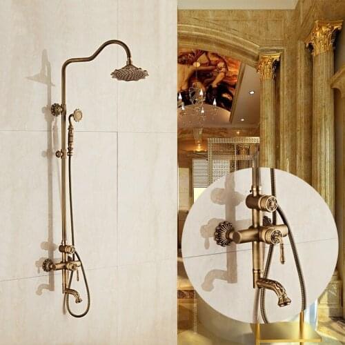 Luxury Antique Brass Carving Rainfall Shower Sets Faucet Mixer Tap With Tub Faucet Brass Bath & Shower Faucet Set Bathtub Faucet