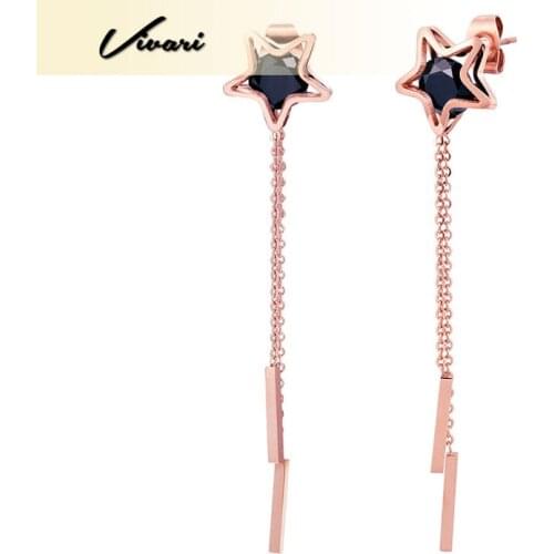 Vivari Fashion Earrings For Women Stainless Steel Rose Gold Color Tassel Black Crystal Stone Ball Stud Earrings