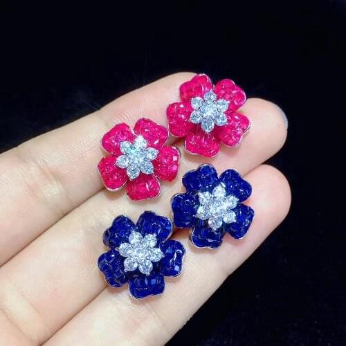 925 sterling silver with cubic zircon flower stud earring blue rose red color fine women jewelry free shipping high quality