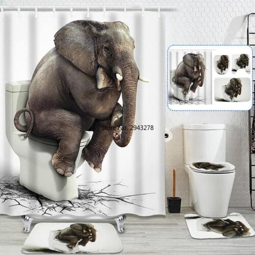 3D Elephant Waterproof Bathroom Shower Curtain Set Flannel Soft Anti-slip Pedestal Rug Toilet Seat Cover Bath Mat Floor Carpet