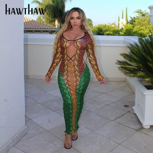 Hawthaw Women Autumn Long Sleeve Snake Printed Bodycon Sexy Party Club Long Dress Streetwear 2021 Fall Clothes Wholesale Items