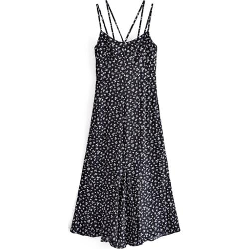 2021 Fashion Women Vintage Floral Print Midi Dress Front Split Spaghetti Strap Dresses Female Casual A Line Summer Dress