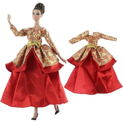 Winter Red Long Sleeve Big Dress for Barbie Doll Evening Party Dresses for 1/6 BJD Doll Outfits Clothes Kids Girls DIY Toy Gifts