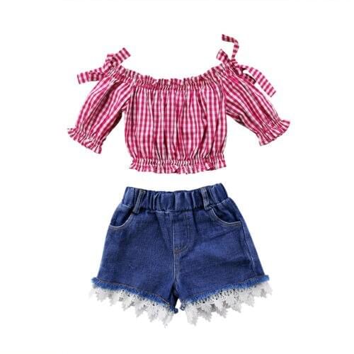 2019 New Toddler Kids Girls Off Shoulder Tops Lace Denim Shorts Outfits Set 1-6T Fashion Summer Plaid Lovely Cute Features CH