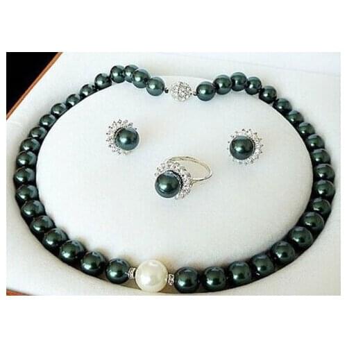 Free shipping $wholesale_jewelry_wig$ 10MM DARK GREEN SOUTH SEA SHELL PEARL LUXURY NECKLACE RING AND EARRING SET