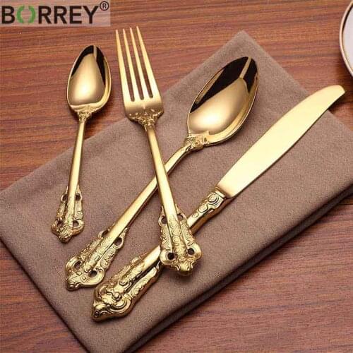 BORREY 24pcs Cutlery Set Stainless Steel Dinner Set Western Steak Knife Fork Spoon Tableware Gold Flatware Sliverware Tableware