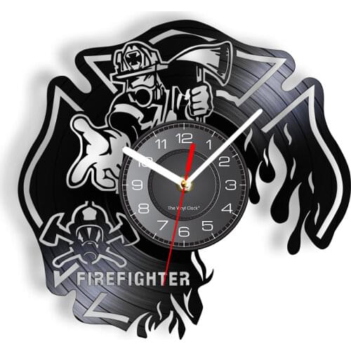 Firefighter Clock Fire Dept Wall Decor Wall Clock Firemen Helmet Fire Rescue Vinyl Record Wall Clock Burned Maltese Cross Clock