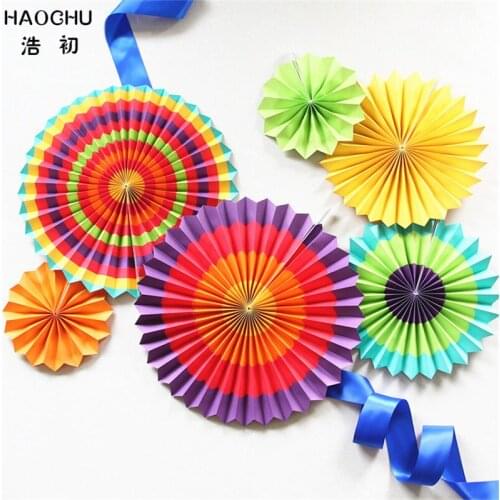 HAOCHU 6pcs Rainbow Colorful Striped Paper Fans For Wedding Party Decor Kids Birthday Shower Home Festival Hanging Paper Craft