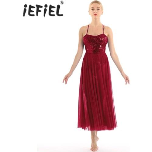 IEFiEL Adult Femme Ballerina Sequined Lyrical Costumes Ballet Leotards for Women Gymnastics Dancewear with Split Maxi Skirt