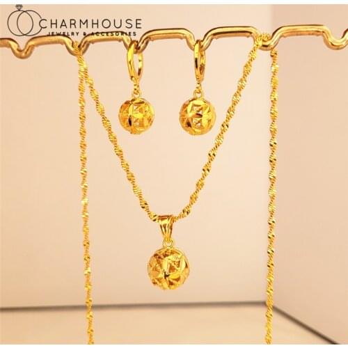 24K Yellow GP Jewelry Sets For Women Round Ball Bead Pendant Necklace Earrings 2 pcs African Gold Jewelry Set Accessories Bijoux