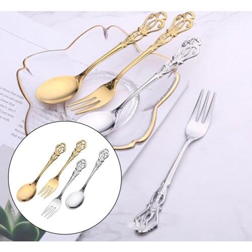 1 Pair Spoon Fork Vintage Gold Spoon Fork Cutlery Set Stainless Steel Luxury Dessert Spoon Relief Hollow Craft