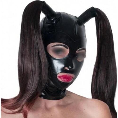 Handmade Sexy Exotic Black Latex Fetish Hoods Mask with Two Wig Hair Tube Back Zipper Costumes