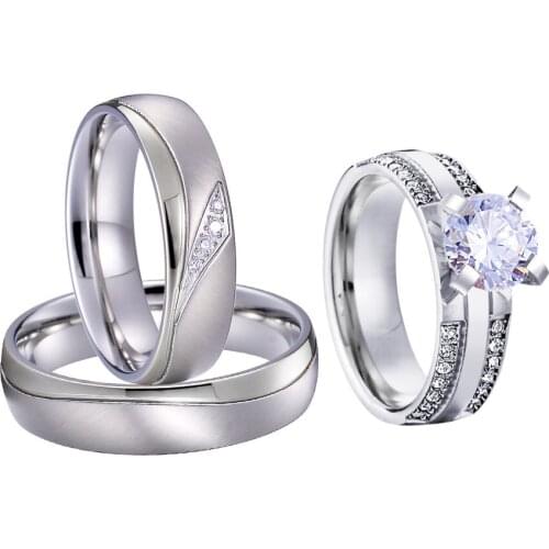 Fashion Accessories Jewelry 3pcs Couples Wedding Engagement Rings Set For Men And Women Silver Color Proposal Ring Marriage