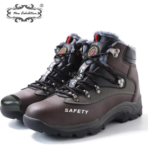 New exhibition Men safety Boots Plush Warm Winter Steel Toe Cap Anti skidding Work Shoes Black Brown PU Ankle Boots Size 35 - 48