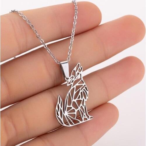 Hfarich Collares Cute Stainless Steel Origami Ice Wolf Pendant Necklace Punk Animal Choker For Women Men Birthday Gift 2021