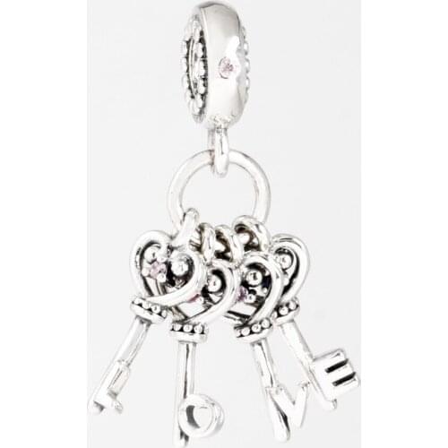 Authentic 925 Sterling Silver Keys of Love Hanging Charms Fit Original Bracelet For Women DIY Jewelry S925 pan Beads