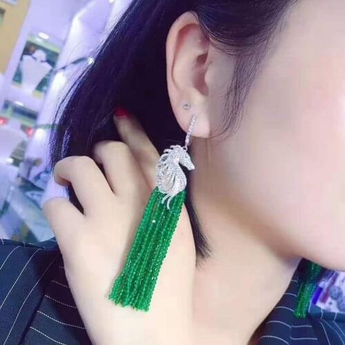 1Paris Natural Green Gate Silver Plated Cz Pave Sea Horse Fringe Earrings