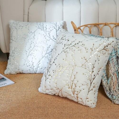 Luxury Bronzing Silver Branch Christmas Pillow Cases for Sofa Nordic White Plush Decorative Cushion Cover Fall Home Decoration
