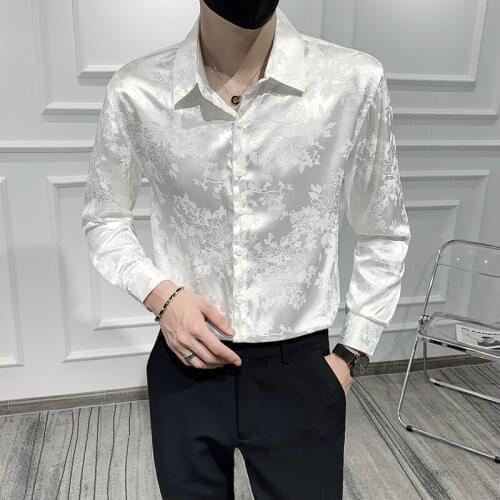 Wedding Party Silk Casual Shirt Men Autumn Long Sleeved Flowers Printed Korean Mens Floral Shirt Dress Camisa Social Masculina
