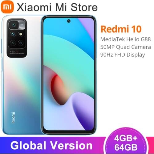 Global Version Xiaomi Redmi 10 Smartphone 4GB RAM 64GB ROM MediaTek Helio G88 Octa Core 50MP AI quad camera 90Hz FHD Display