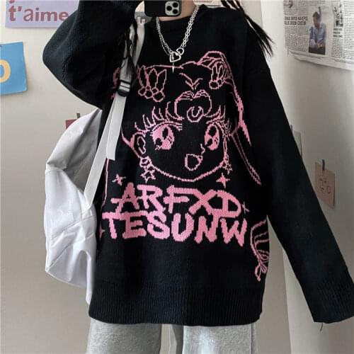 Streetwear Punk Pullovers Sweater Japan Sweet Girls Cartoon Print Girls Knitted Letter Jacquard Chic Fun Vintage Women Warm Tops