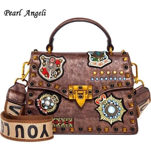 Pearl Angeli Vintage Women Bag Cartoon Printing Rivet Office Ladies PU Leather Crossbody Bag Handbag Bolsas Feminina