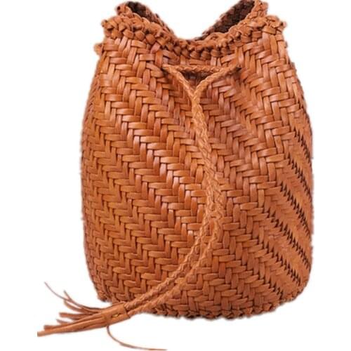 Womens 100% Genuine Leather Shoulder Bag Inner Weaving Casual Shopping Bucket Bag Vintage Tote Purse Cowhide Cross Hand Bags