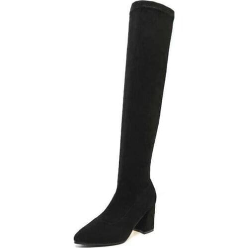 2021 Women Stretch Sexy Fashion Faux Suede Thigh Black High Boots On Knee Boots High Heels Woman Shoes